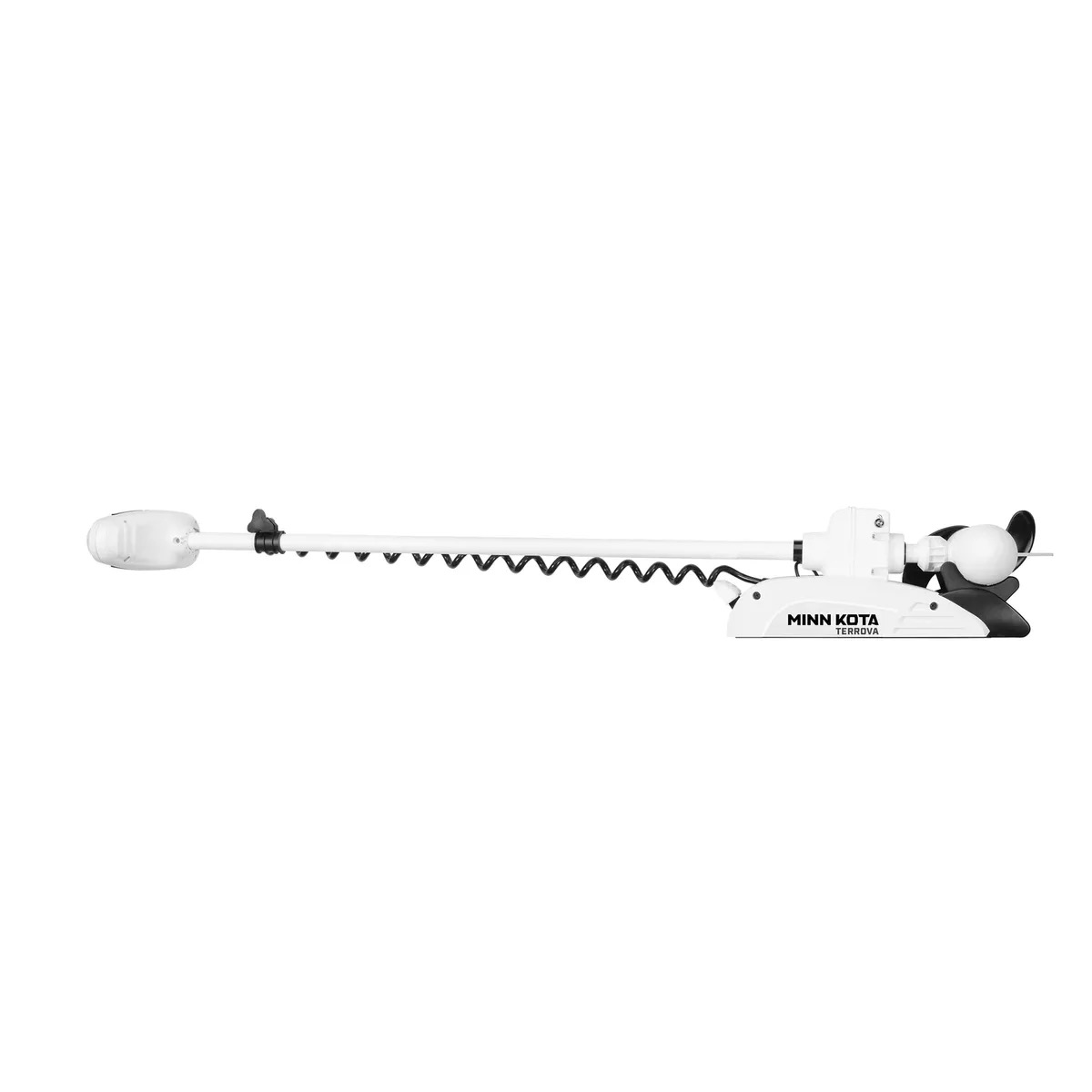 Minn Kota Riptide Terrova 112 lb Thrust saltwater bow mount trolling motor with 72 inch shaft and wireless remote installed on fishing boat