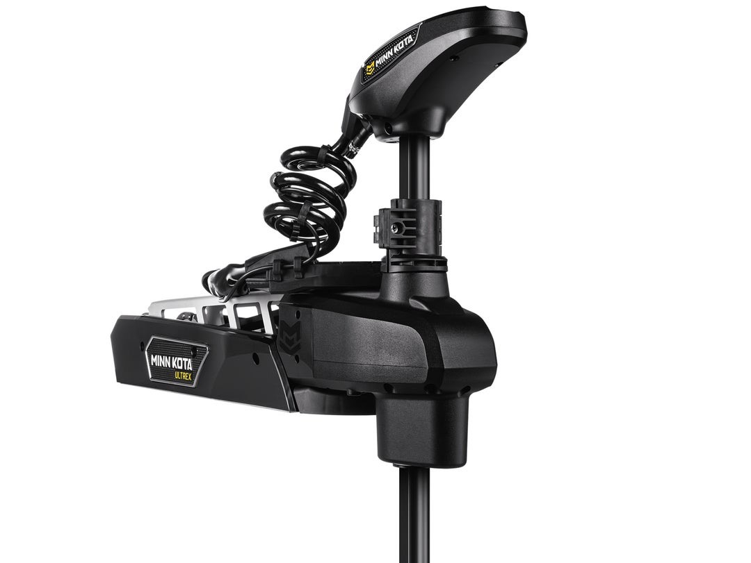 Minn Kota Ultrex Quest Trolling Motor with CHIRP sonar, Spot-Lock GPS, and brushless motor mounted on fishing boat